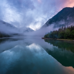 Diablo Lake Reflection Angles in the Fog Wide