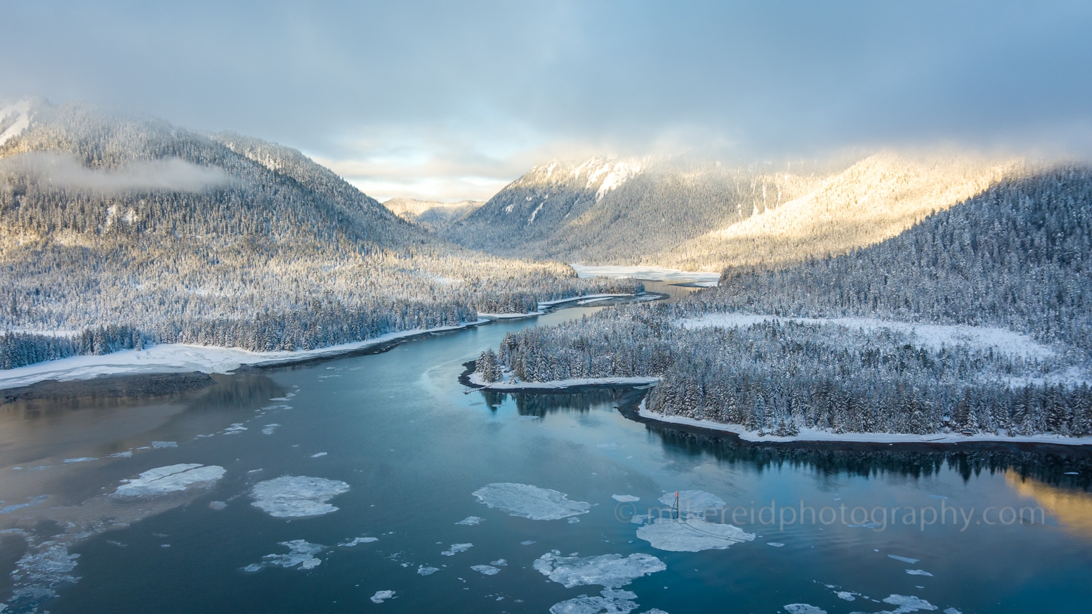 Petersburg Alaska  Aerial Winter Path to Petersburg Creek