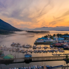 Over Petersburg Alaska Marina Sunrise.jpg To order a print please email me at  Mike Reid Photography : alaska, frontier, glacier, sound, le conte glacier, petersburg, southeast alaska, landscape, goats, norway, vikings, sons of norway, aerial photography