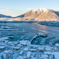 Petersburg Alaska  Aerial Winter Soft Light.jpg To order a print please email me at  Mike Reid Photography : alaska, frontier, glacier, sound, le conte glacier, petersburg, southeast alaska, landscape, goats, norway, vikings, sons of norway, snow, winter, marina, aerial photography, drone photography