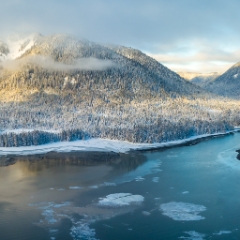 Petersburg Alaska  Aerial Winter Wrangell Narrows Panorama.jpg To order a print please email me at  Mike Reid Photography : alaska, frontier, glacier, sound, le conte glacier, petersburg, southeast alaska, landscape, goats, norway, vikings, sons of norway, snow, winter, marina, aerial photography, drone photography