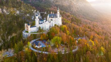 Aerial Castle Neuschwanstein Fall Colors Sunlit 3