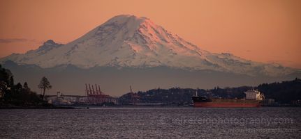 Rainier Dusk From Discovery Park Mount Rainier glows in soft evening light as seen from Discovery Park Beach in Seattle. The mountain’s snow-covered slopes rise above the working waterfront,...