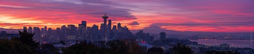 Seattle Photography From Kerry Park Burning Sunrise Skies Panorama A breathtaking Seattle sunrise Panorama captured from iconic Kerry Park, showcasing the Space Needle, downtown skyline, and distant Mount Rainier bathed in...
