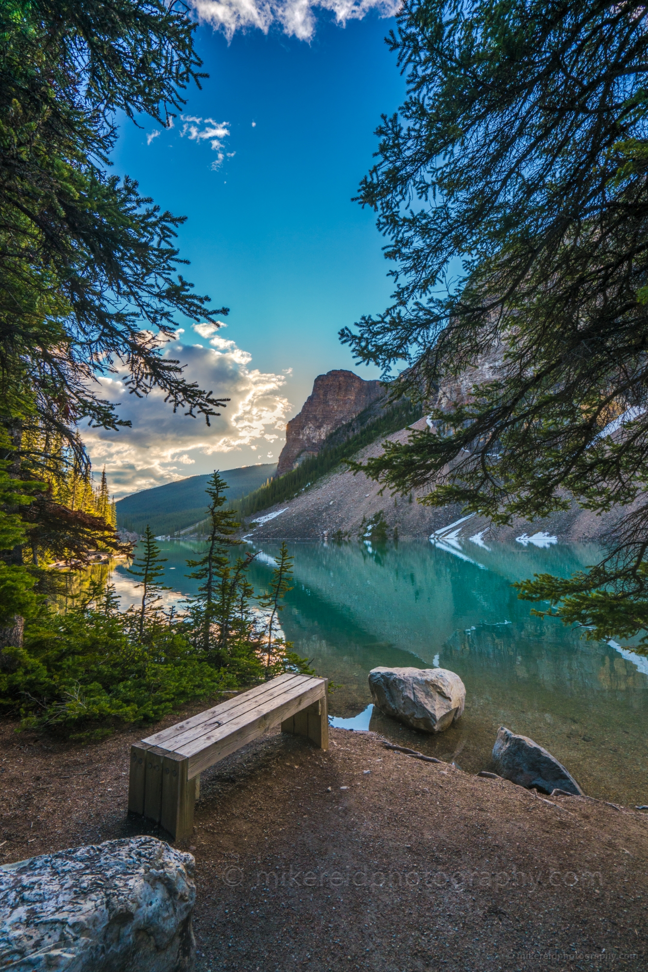 Bench Alongside Lake Moraine Morning Light 