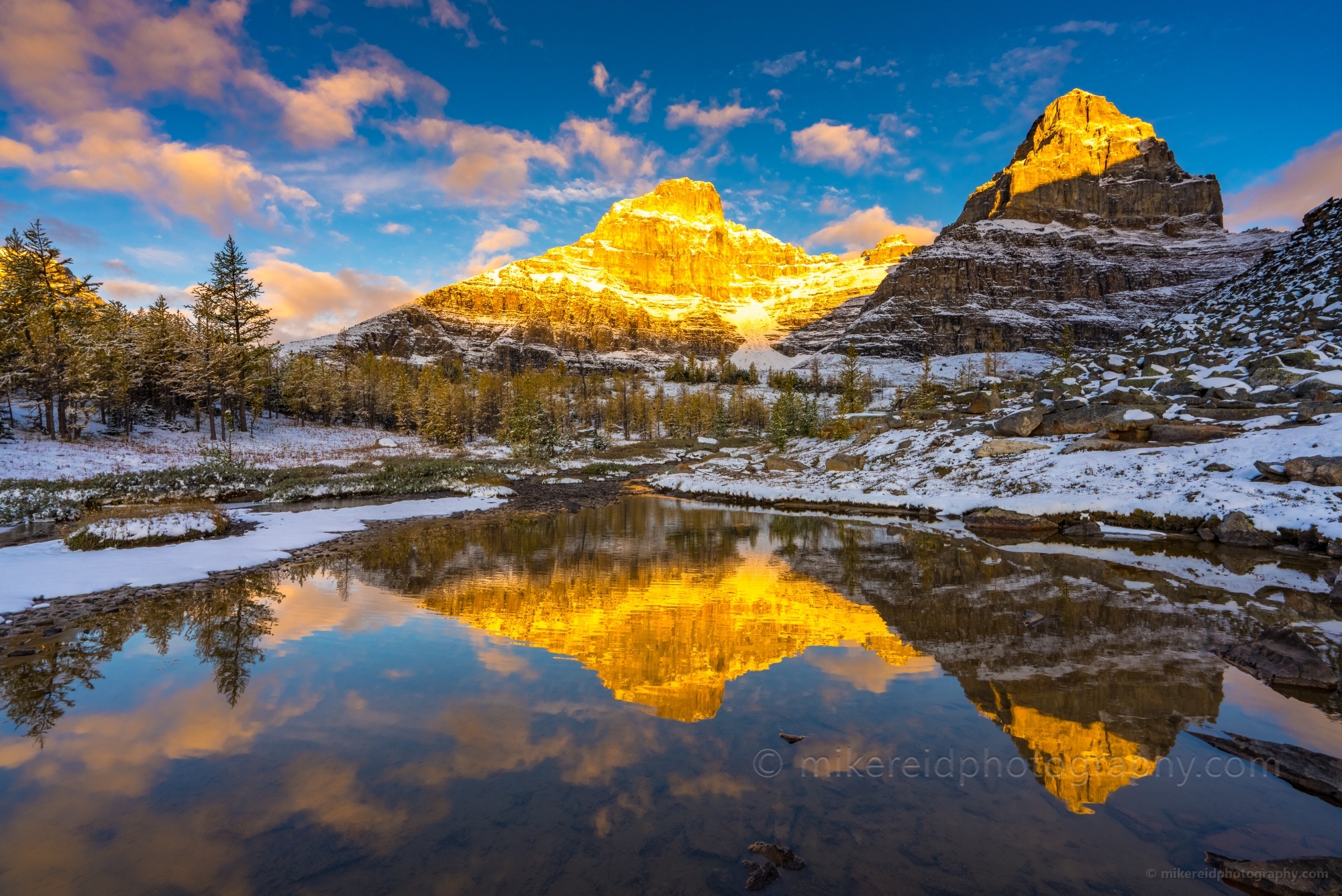 Canadian Rockies Larch Valley Fall Colors Golden Peaks Reflection