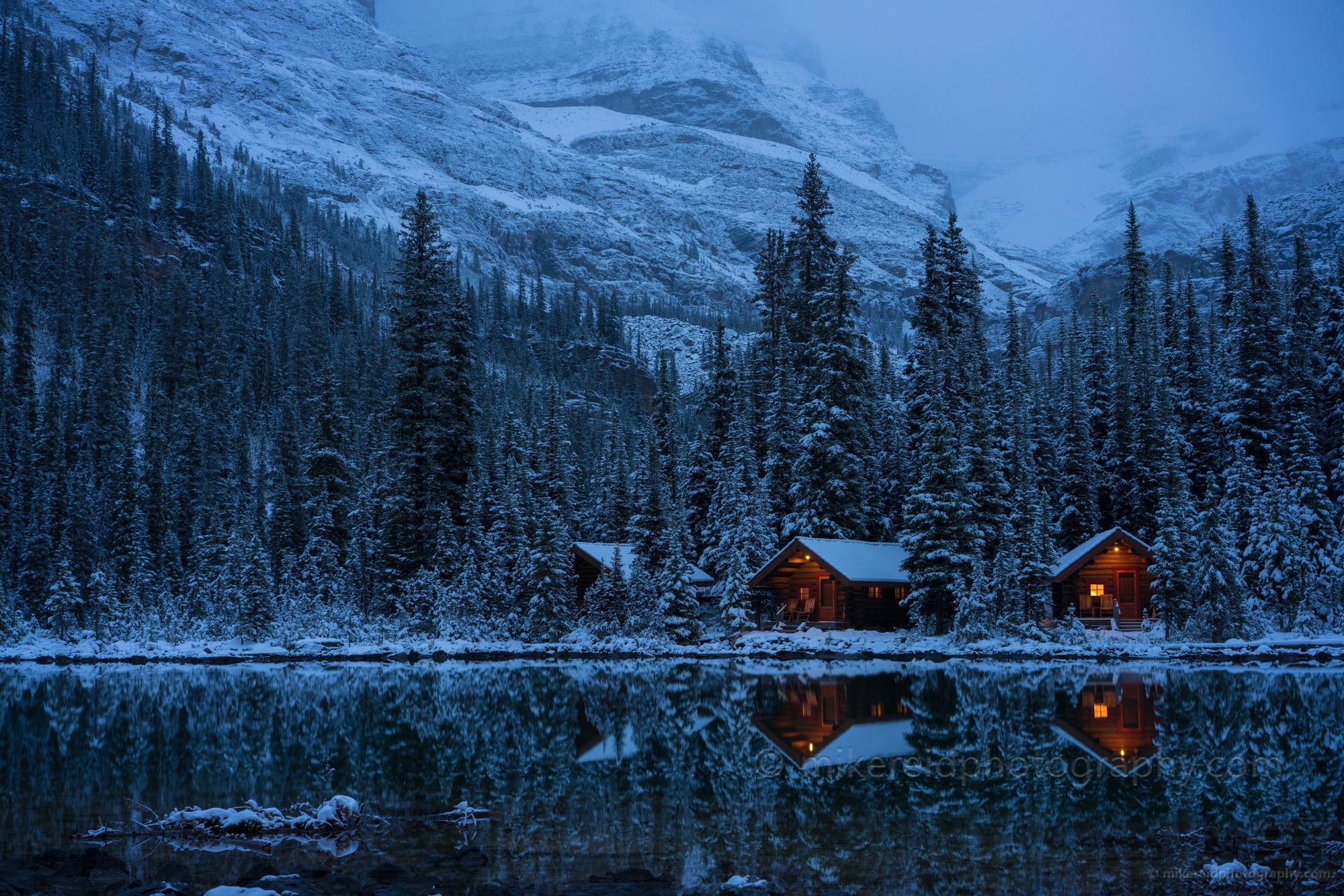 Canadian Rockies Winter Lake OHara Cottages Reflection