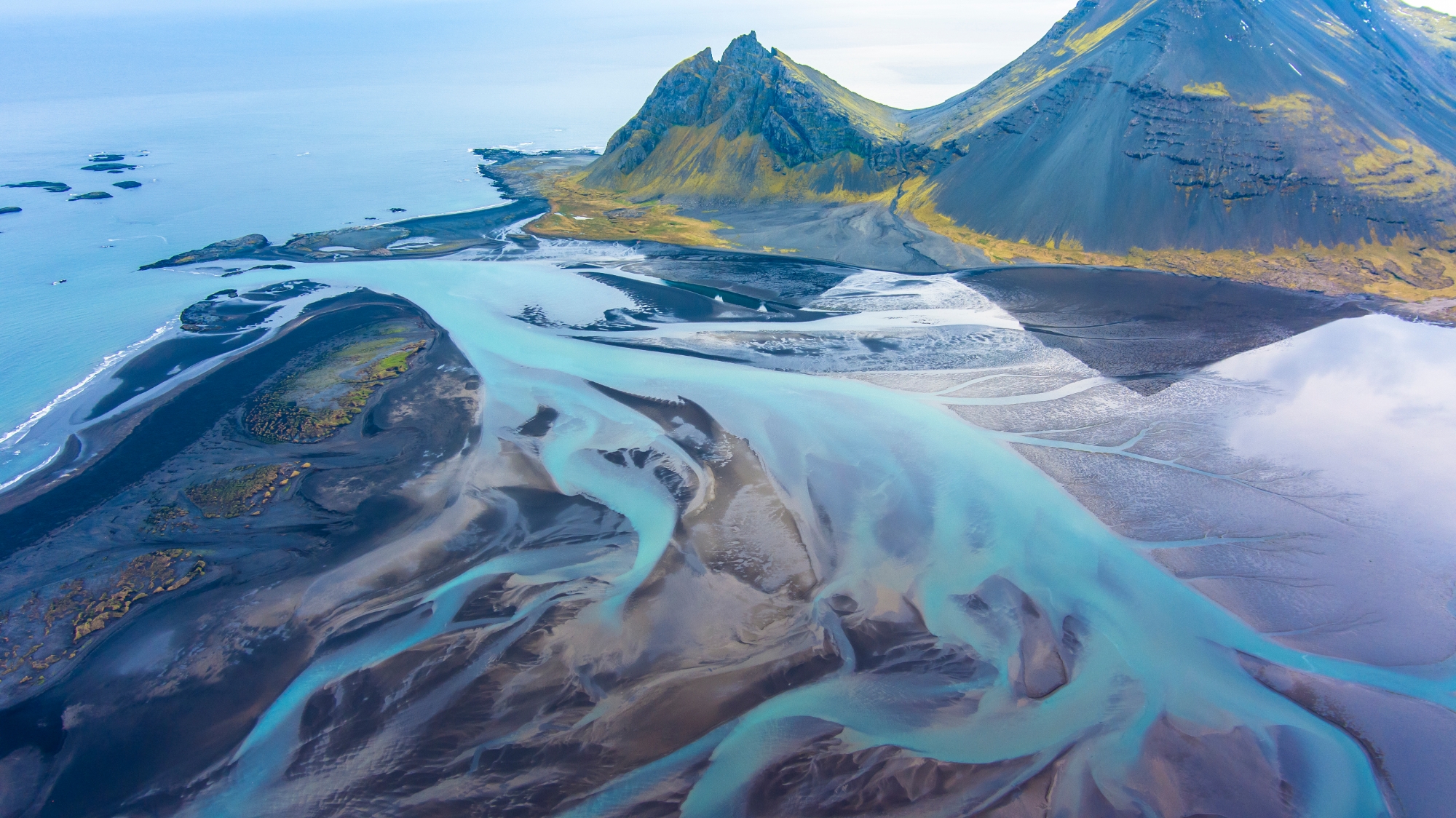 Over Iceland Drone Vestrahorn Winding Blue Aqua Rivers
