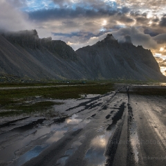 Iceland Road to Stokksnes Vestrahorn .jpg To order a print please email me at  Mike Reid Photography : iceland, nordic, ice, glacier, beach, sand, lagoon, sunset, sunrise, sky, skies, jokulsarlon river, water, reflection, romance, evening, night, sky, clouds, landscape, europe,  famous, destination, travel, trip, dream, landscape, light, movement, coast, ocean, vatnajokull, glacial, stokksnes, vestrahorn