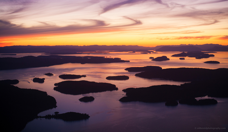 Northwest San Juan Islands Sunset Aerial Spieden Orcas and Shaw 