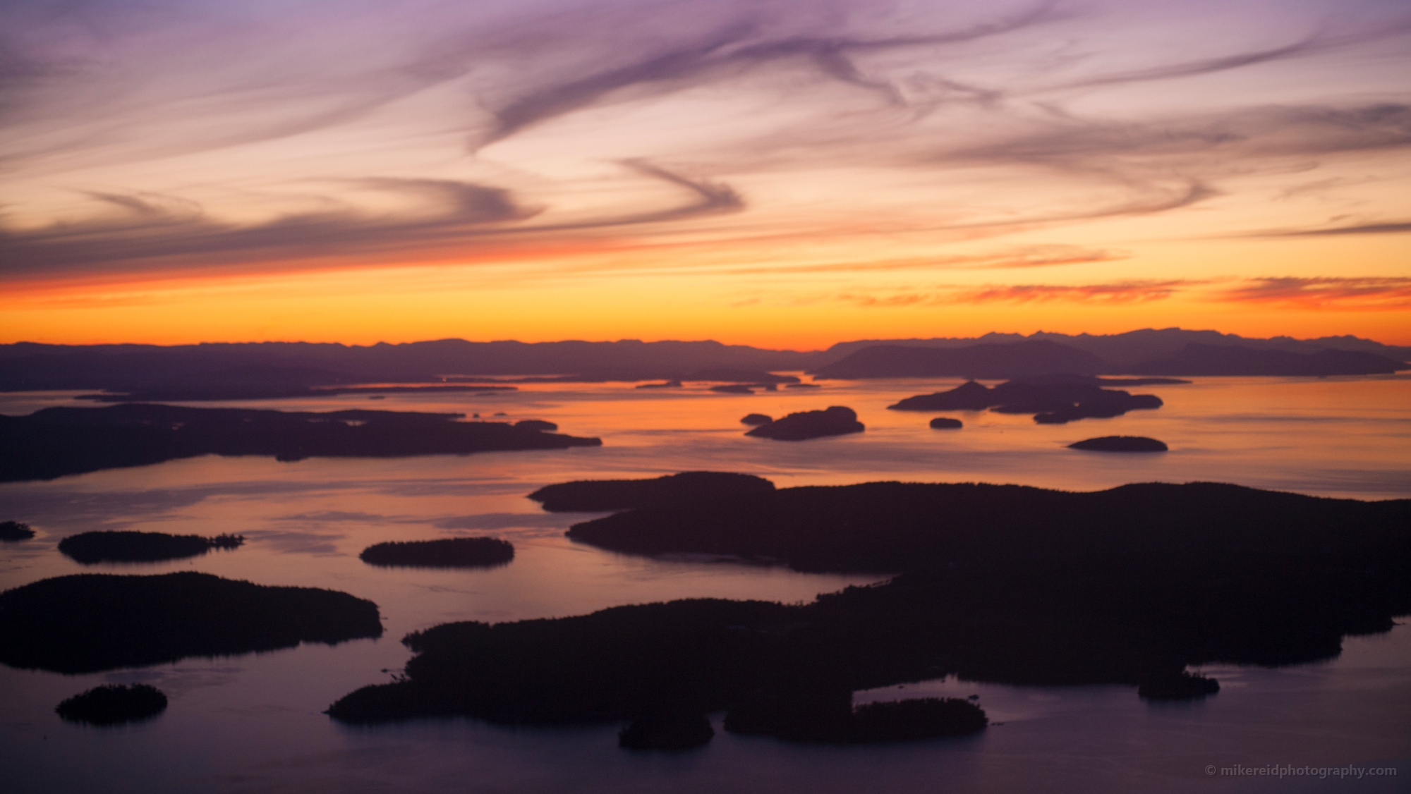 Northwest San Juan Islands Sunset Aerial Spieden and Orcas 