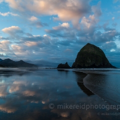 Cannon Beach Cloudscape Tidal Flow  Gloriously low tide at sunrise and an interesting sky.  Love this beach. To order a print please email me at  Mike Reid Photography : cannon beach, haystack rock, oregon coast, landscape photography, sunset photography, sunrise photography