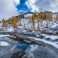 Enchantments Fall Colors Small Tarn Reflection To order a print please email me at  Mike Reid Photography : aasgard pass, enchantments, leavenworth, enchantments lakes basin, prusik, colchuck, snow lakes, northwest, images, leprechaun lake, larches, fall colors, autumn, golden larches, landscape photography, northwest photography, reflection photography, sony mirrorless photography