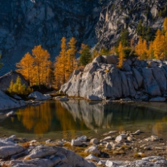 Enchantments Photography Grail Tarn Reflection To order a print please email me at  Mike Reid Photography : aasgard pass, enchantments, leavenworth, enchantments lakes basin, prusik, colchuck, snow lakes, northwest, images, leprechaun lake, larches, gfx50s, fujifilm, hiking photography, landscape photography