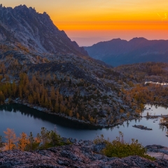 Enchantments Photography Sunrise Larches Panorama To order a print please email me at  Mike Reid Photography : aasgard pass, enchantments, leavenworth, enchantments lakes basin, prusik, colchuck, snow lakes, northwest, images, leprechaun lake, larches, gfx50s, fujifilm, hiking photography, landscape photography