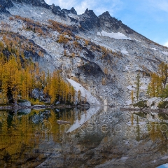 Leprechaun Lake and Larches Panorama To order a print please email me at  Mike Reid Photography : aasgard pass, enchantments, leavenworth, enchantments lakes basin, prusik, colchuck, snow lakes, northwest, images, leprechaun lake, larches, reflection photography, northwest photography, enchantments lakes