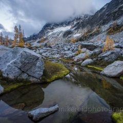 Water Granite and Stuart To order a print please email me at  Mike Reid Photography : alpine lakes, larches, fall colors, enchantments, stuart, ingalls, reflections, mountains, northwest, washington, wenatchee, leavenworth, goats, reflection