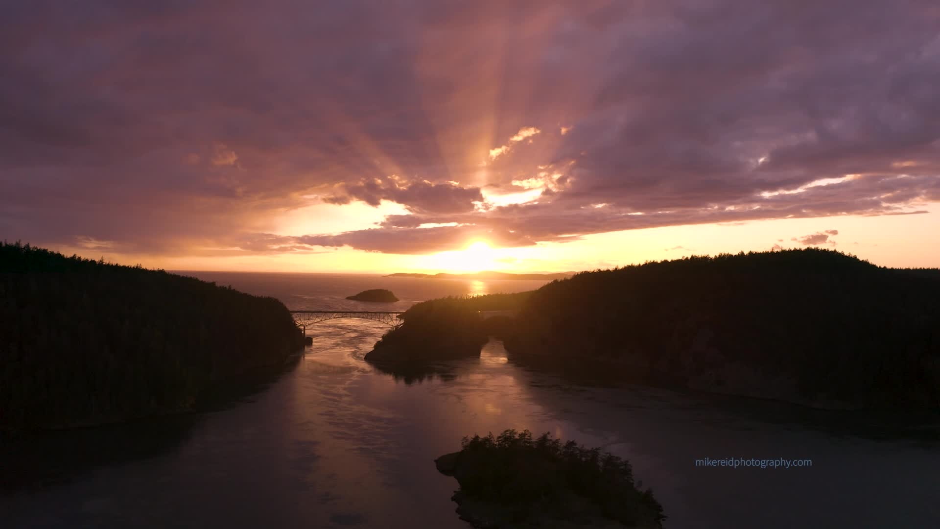 Over the Northwest Deception Pass Sunset Drone Video