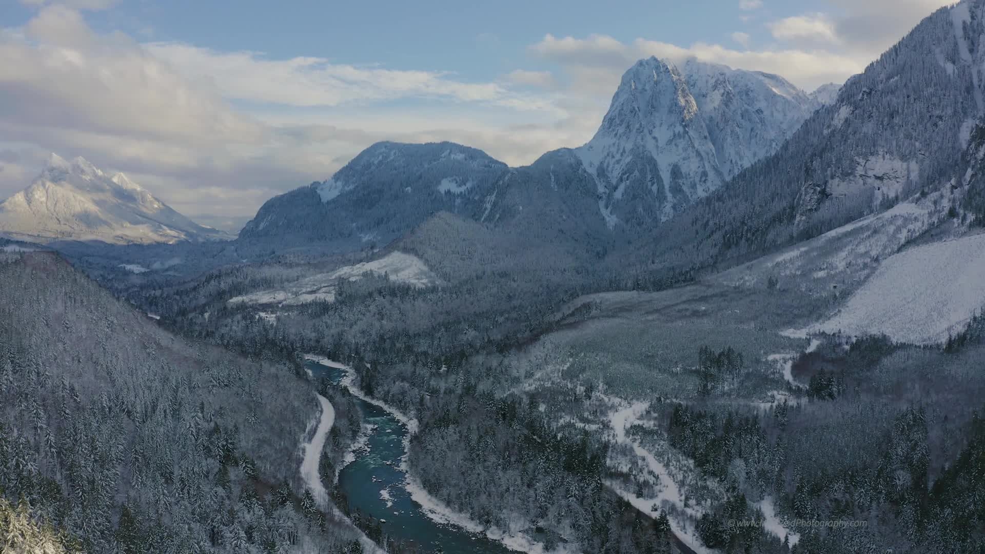 Over the Skykomish River Snowy Drone Video