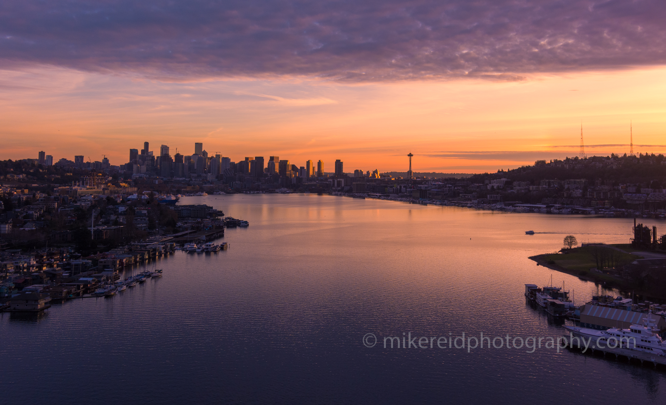 Over Seattle and Lake Union Sunset Houseboats.jpg 