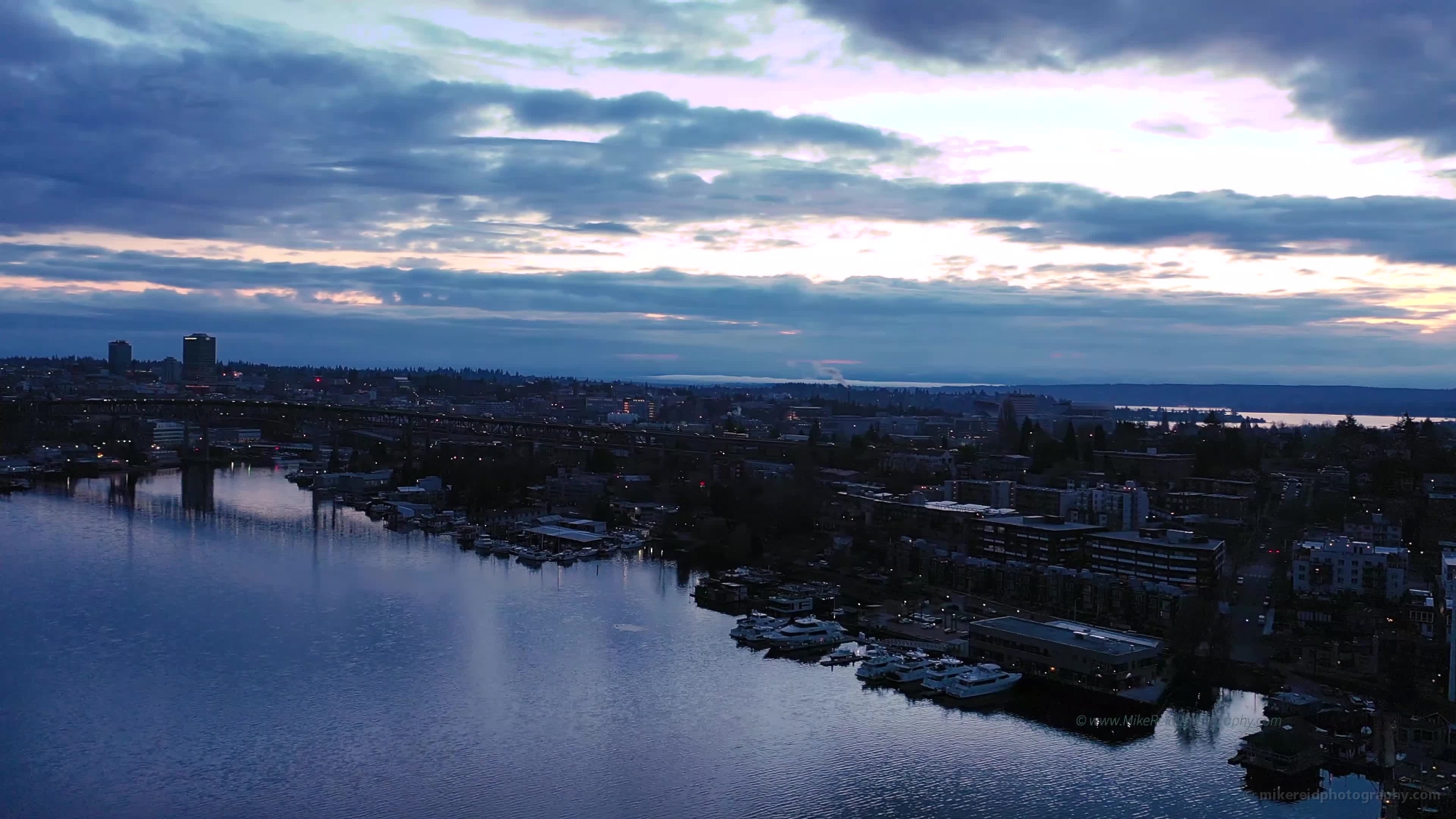 Over Lake Union View of Interstate 5 at Dawn Drone Video