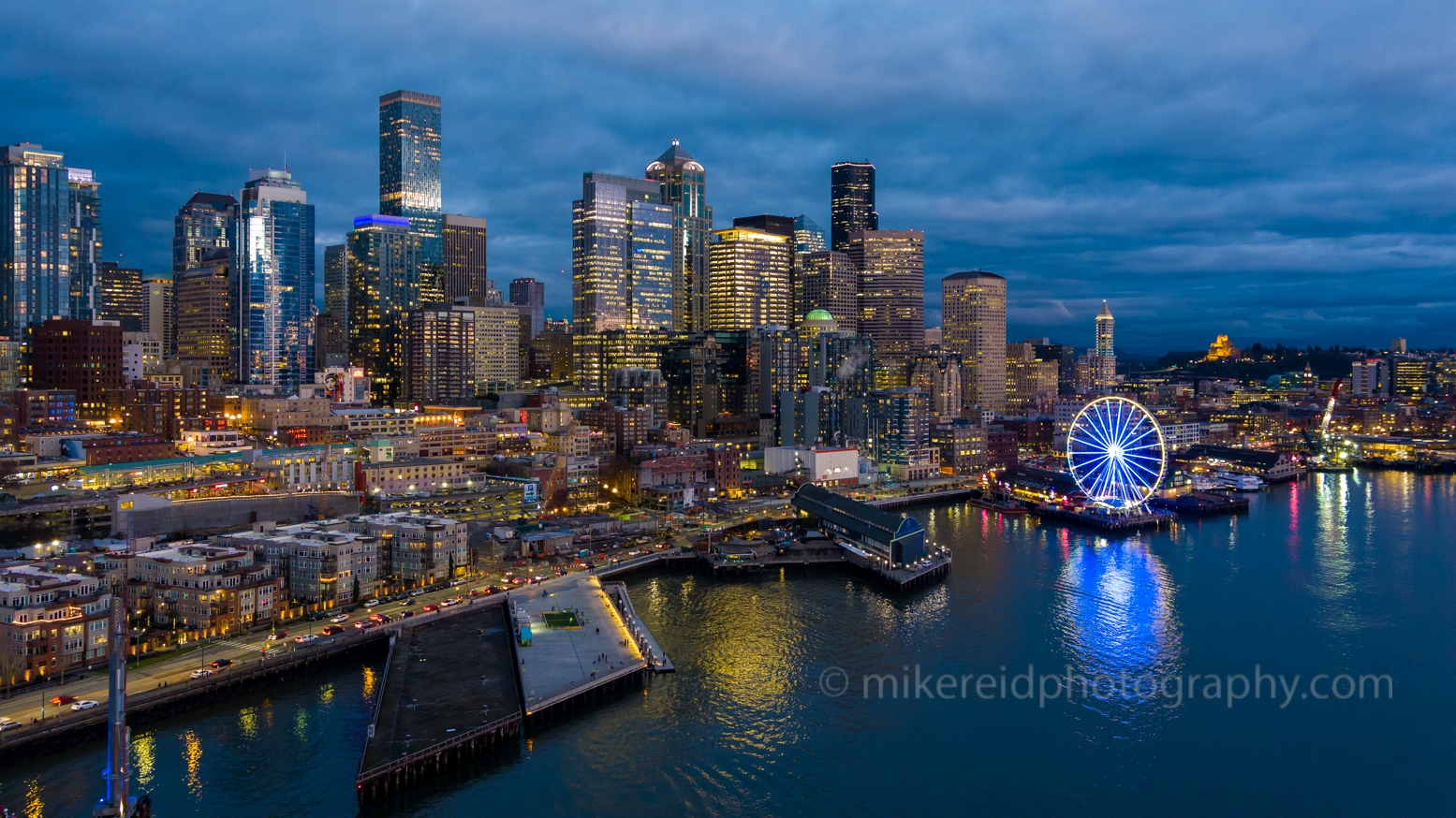 Over Seattle Blue Hour Waterfront Skyline.jpg 
