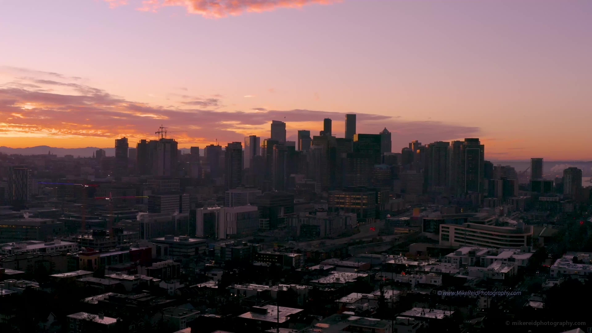 Over Seattle Downtown Sunset Video