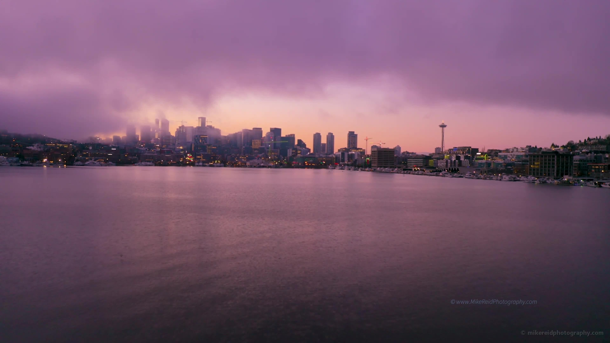 Over Seattle Early Morning Fog Over the City Aerial Video