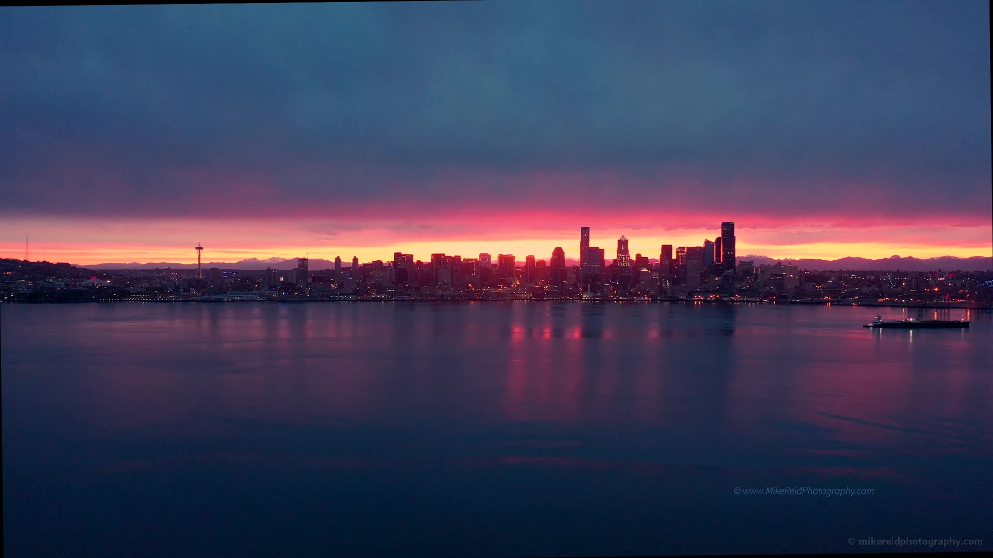 Over Seattle Fiery Sunrise Aerial Drone Video