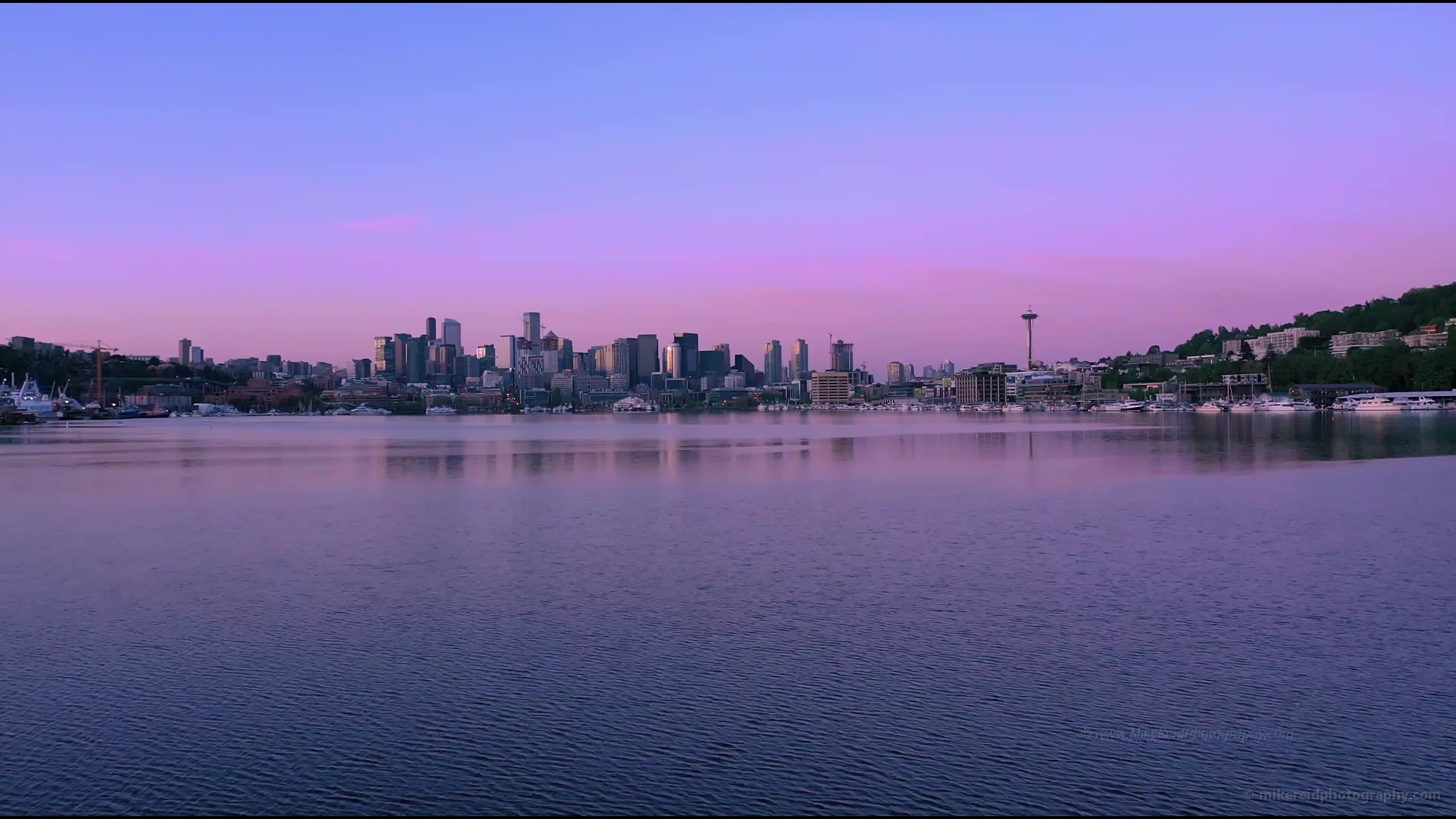 Over Seattle Lake Union  Cityscape Reflection Sunrise Aerial Video