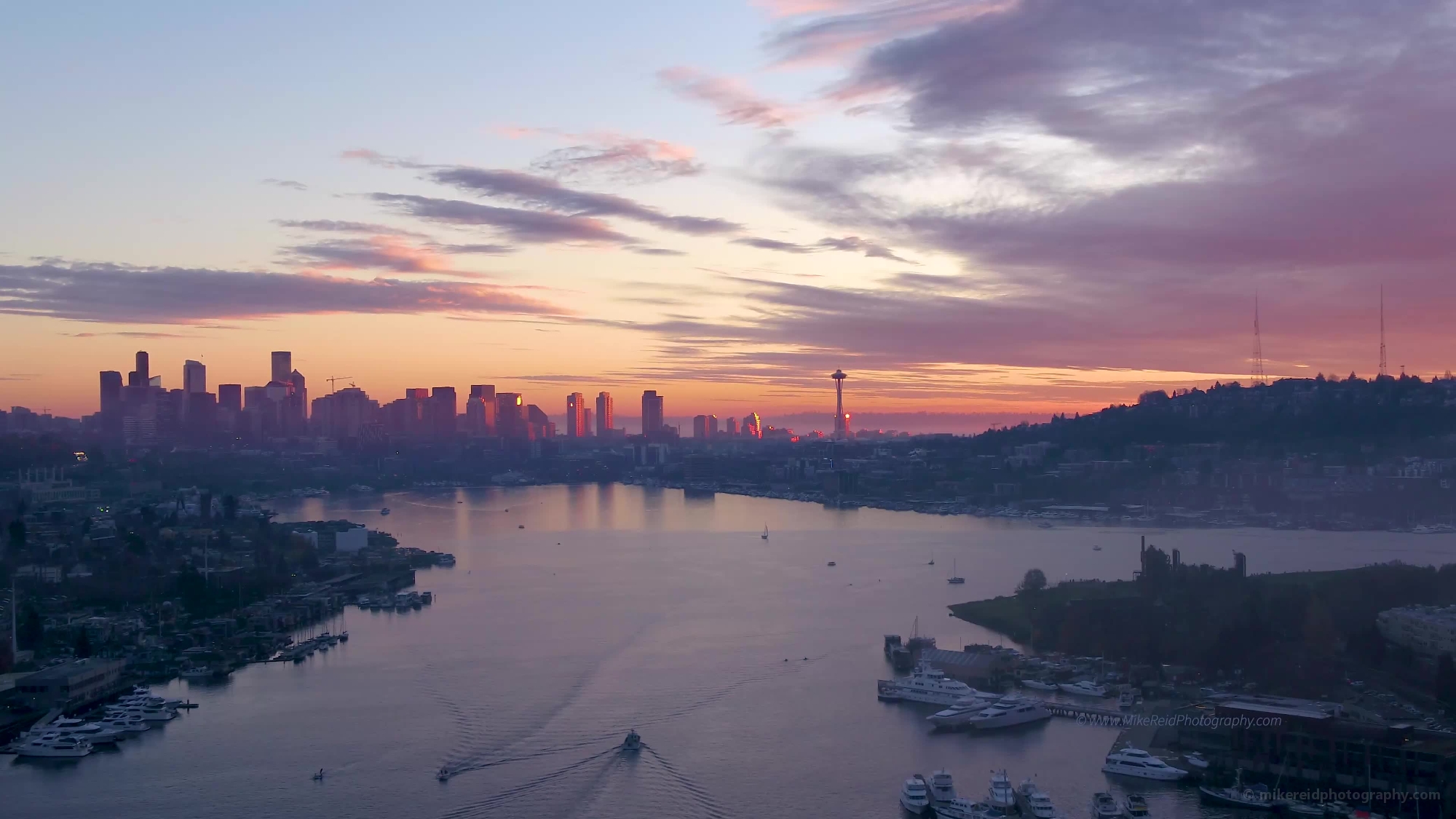 Over Seattle Lake Union Fiery Sunset Skies Video