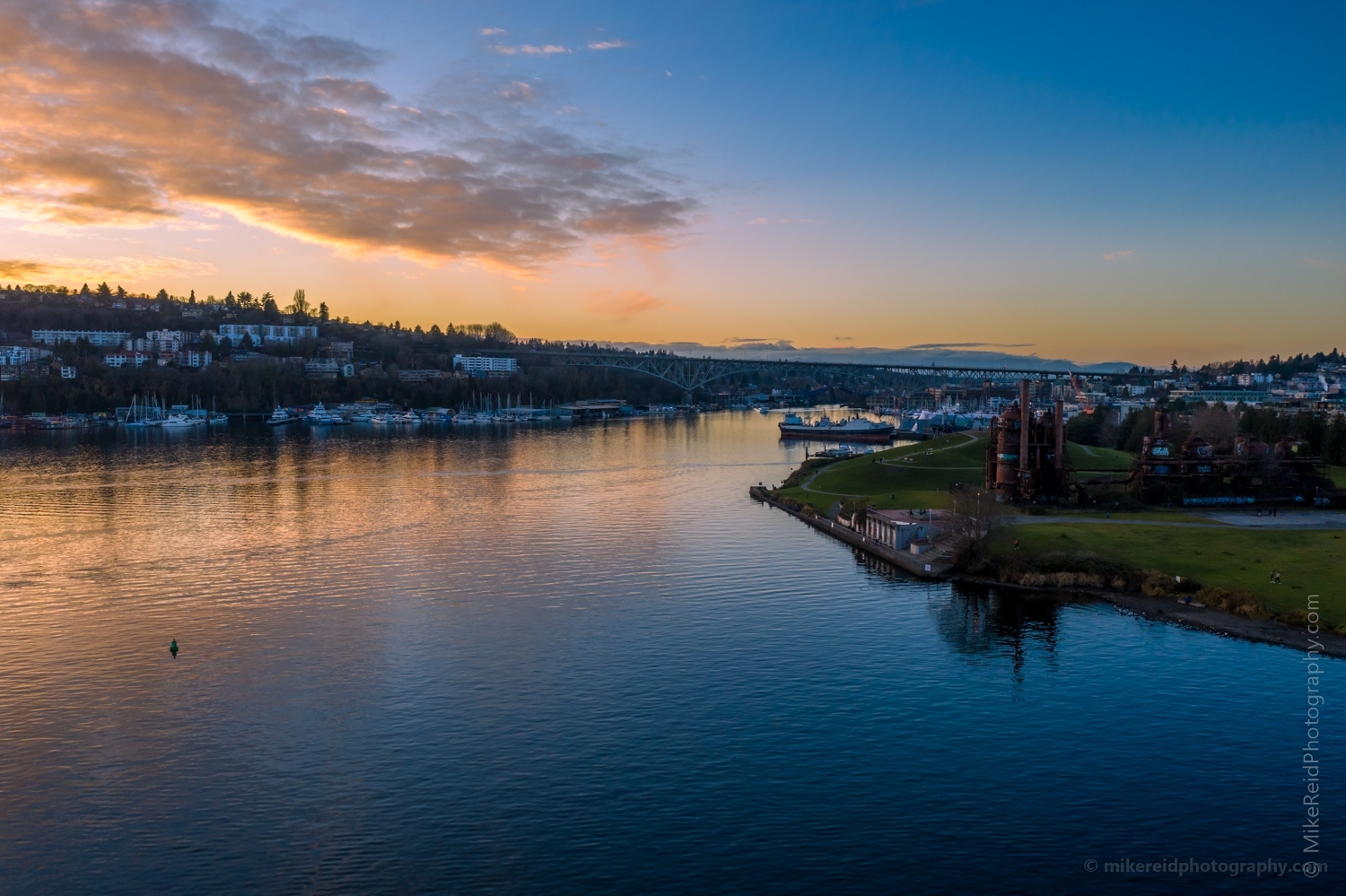 Over Seattle Lake Union Gasworks and Queen Anne Sunset Reflection Aerial Photography