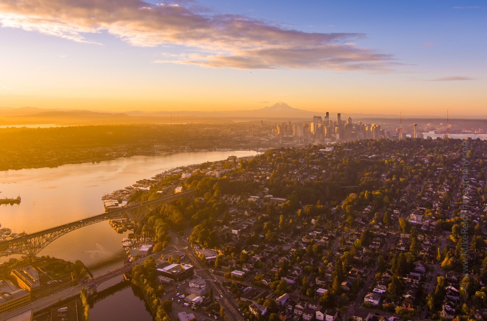 Over Seattle Queen Anne to Downtown Sunrise Aerial Photography.jpg