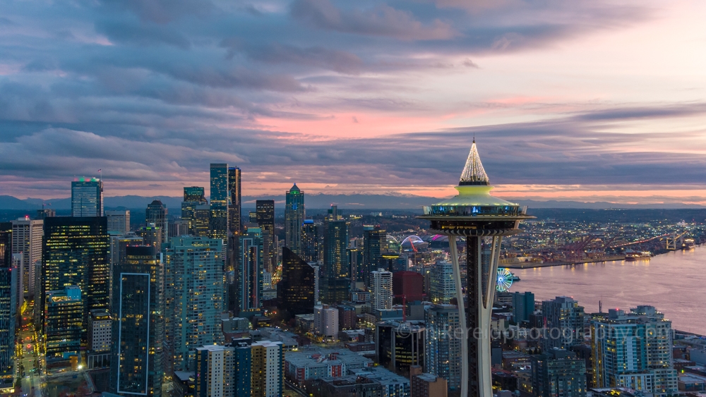 Over Seattle Space Needle Downtown Dusk.jpg