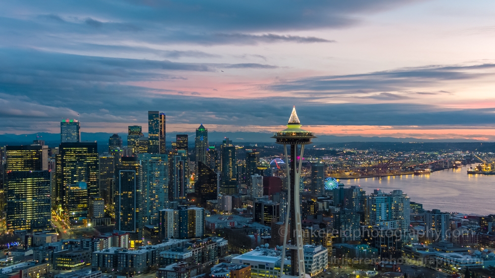 Over Seattle Space Needle and Downtown at Dusk.jpg