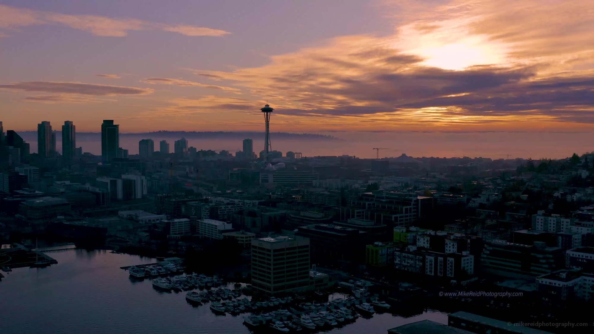 Over Seattle Space Needle and Sunset Video