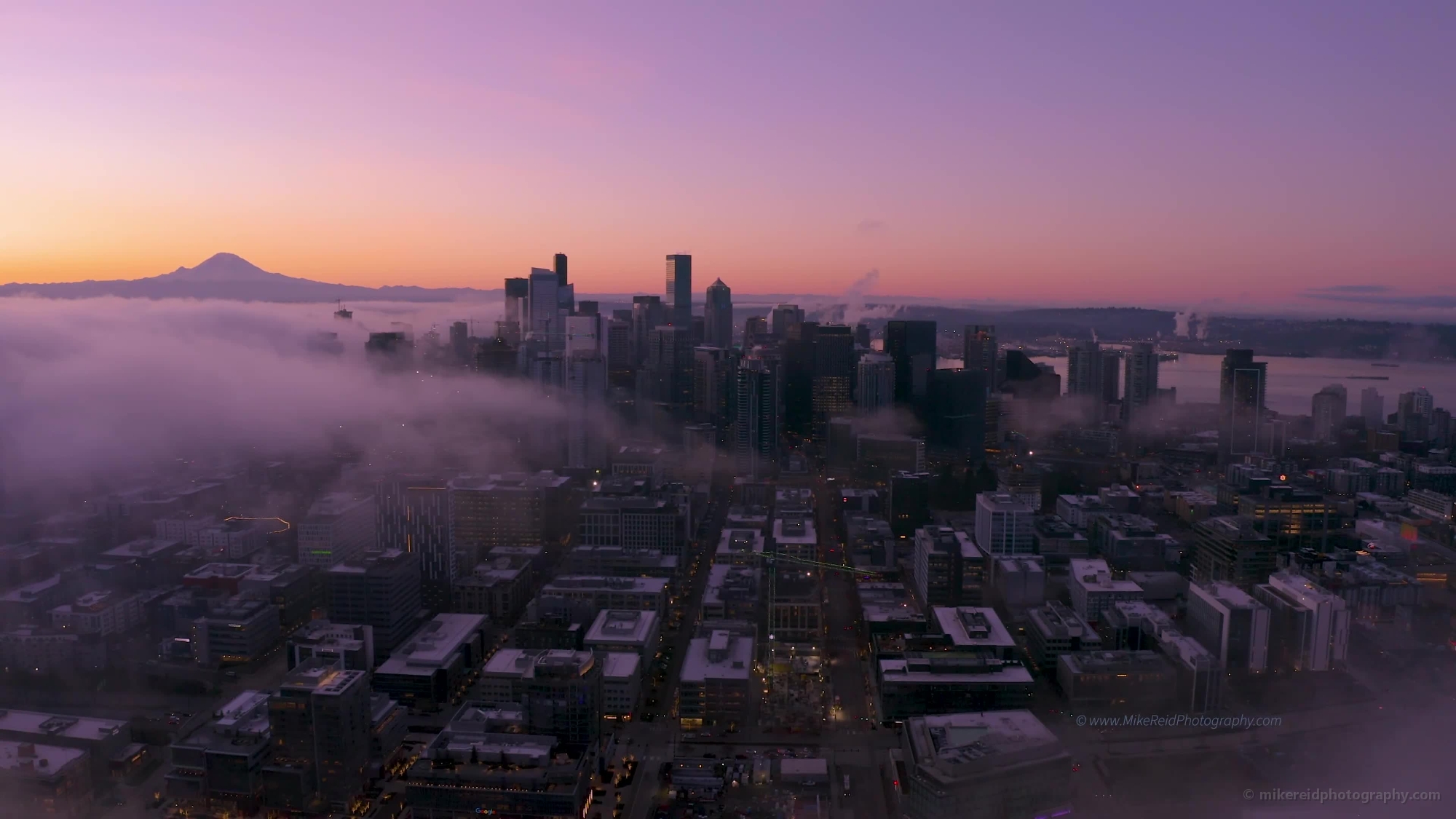 Over Seattle Sunrise Fog Video