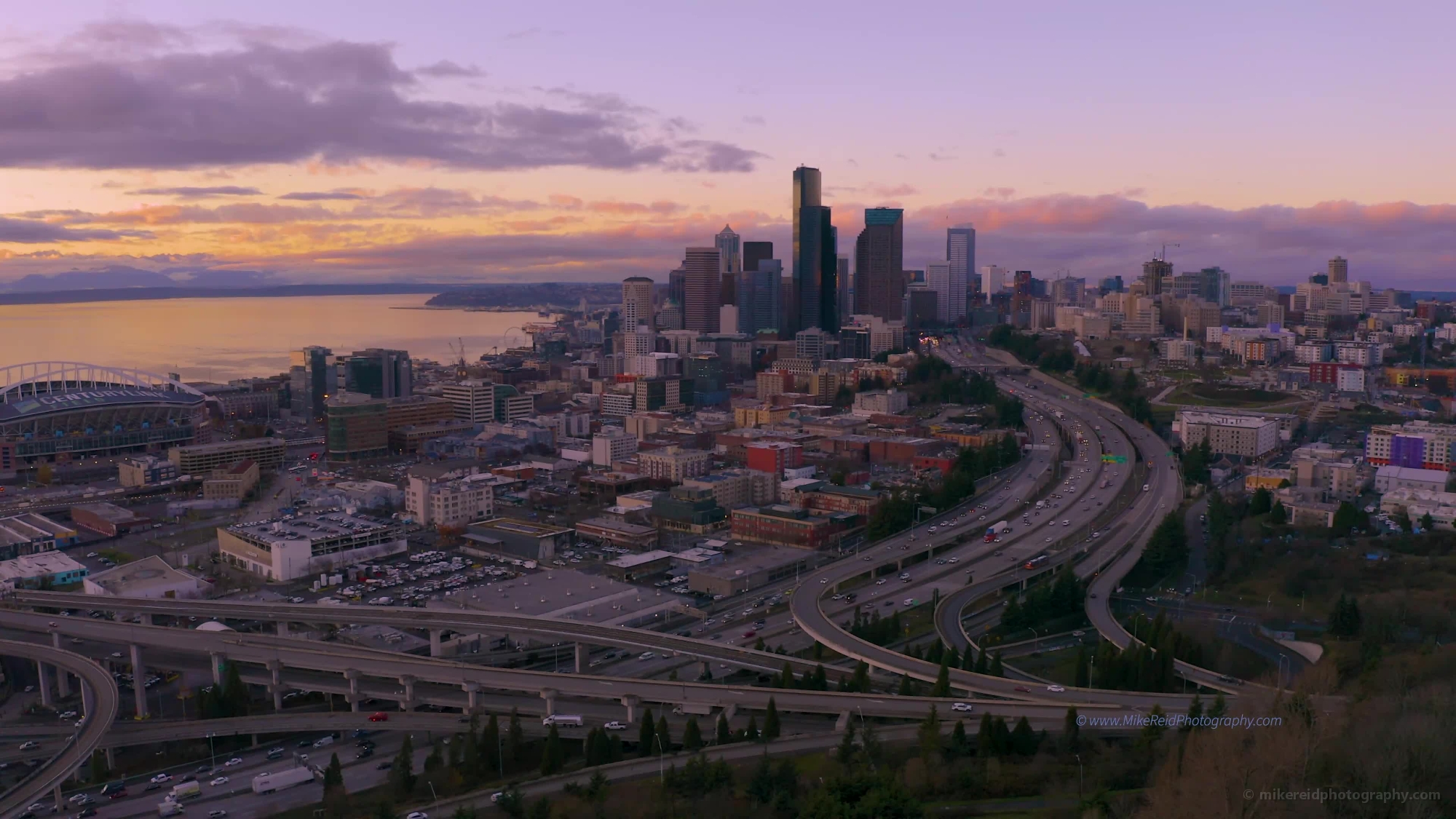 Over Seattle Traffic Interchange at Rush Hour Video