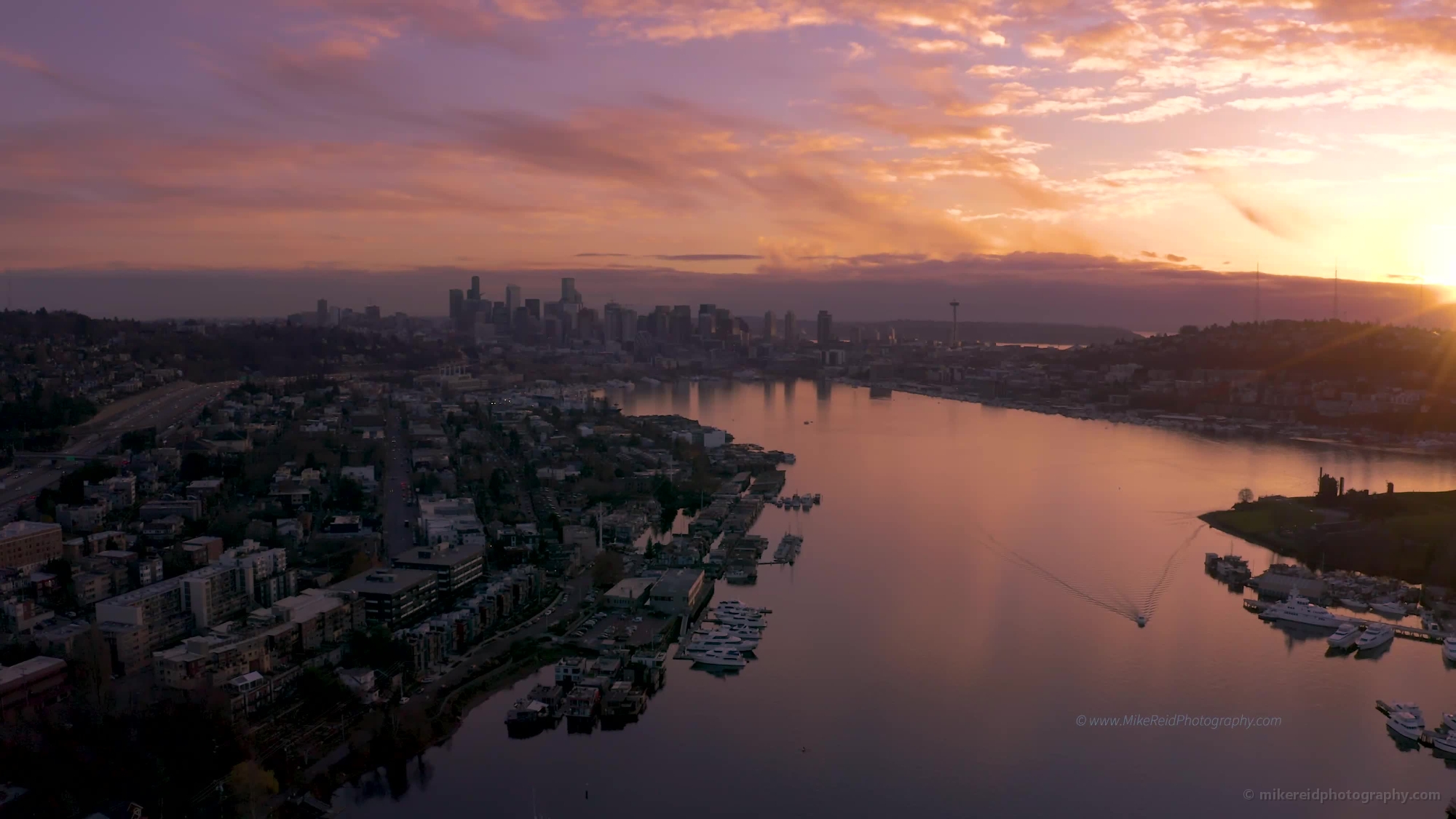 Over Seattle and Lake Union Sunset Reflection Video