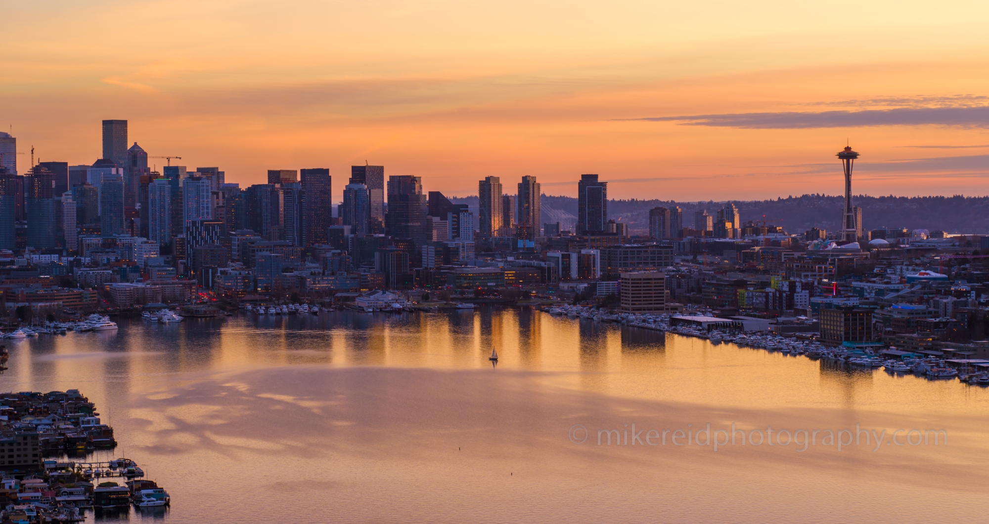 Over Seattle and Lake Union Sunset Sailboat