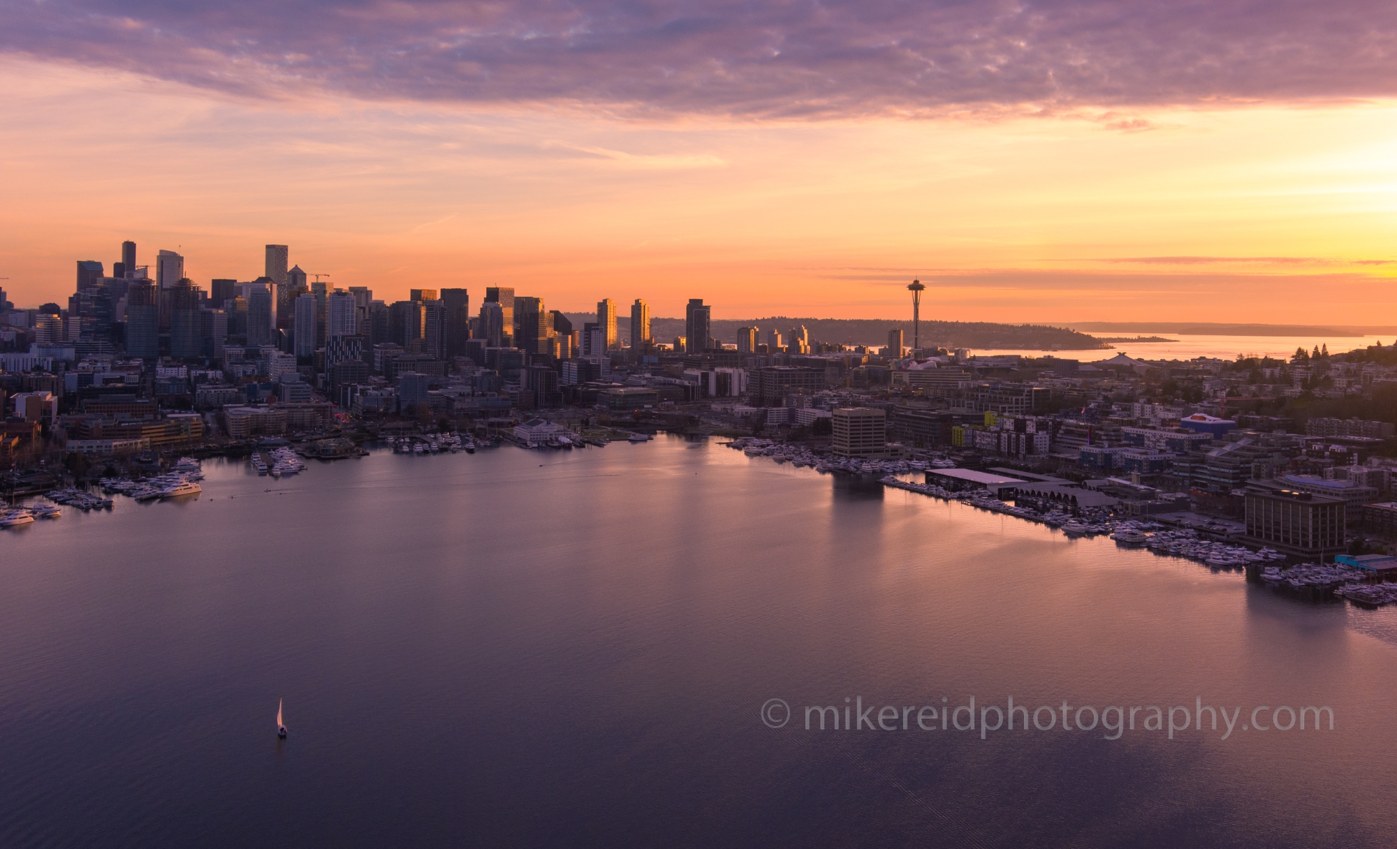 Over Seattle and Lake Union Sunset Waters