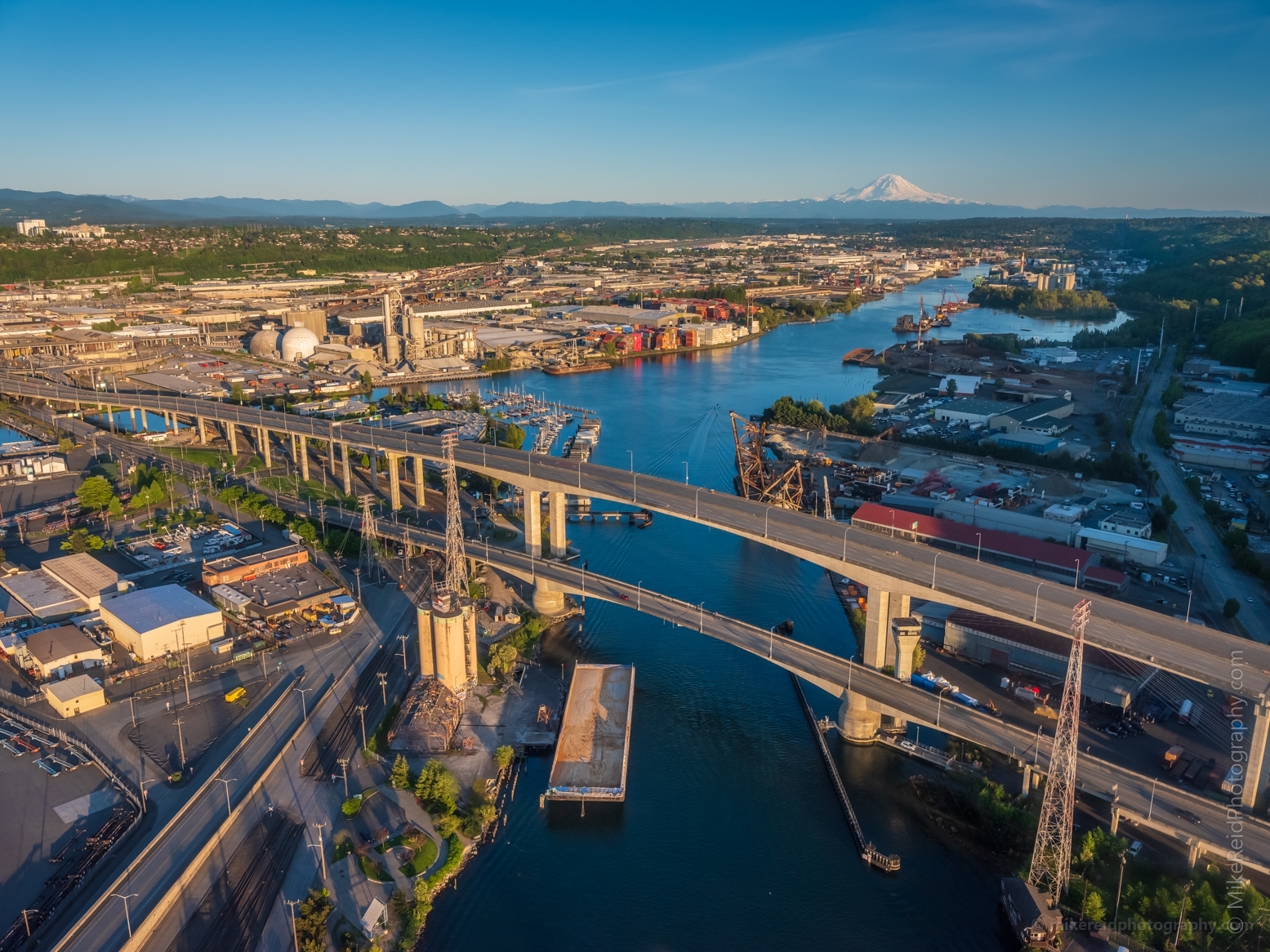 Over the Duwamish and West Seattle Bridge Aerial Drone Evening Light