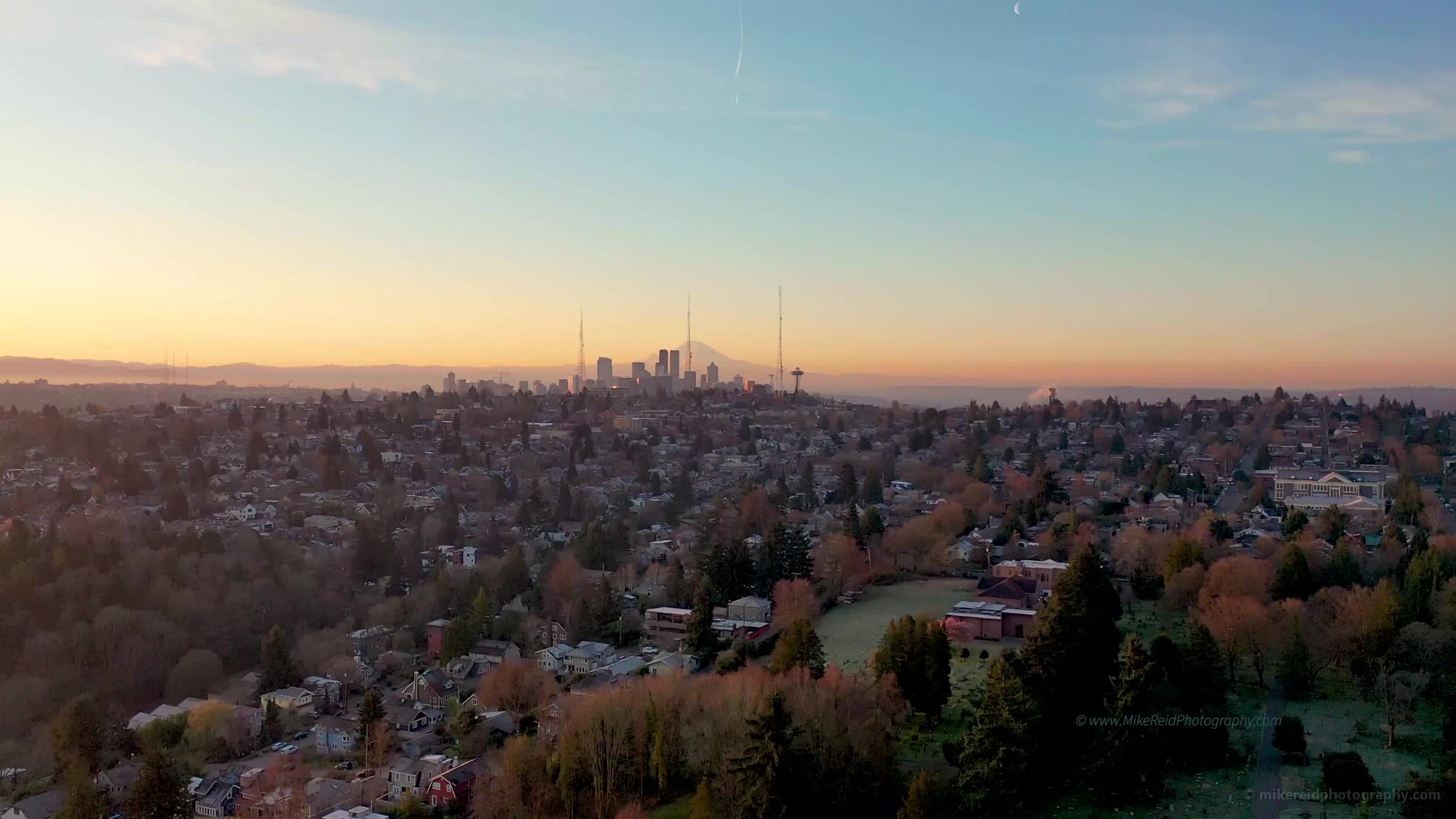 Rising At Dawn Over Seattle Drone Video