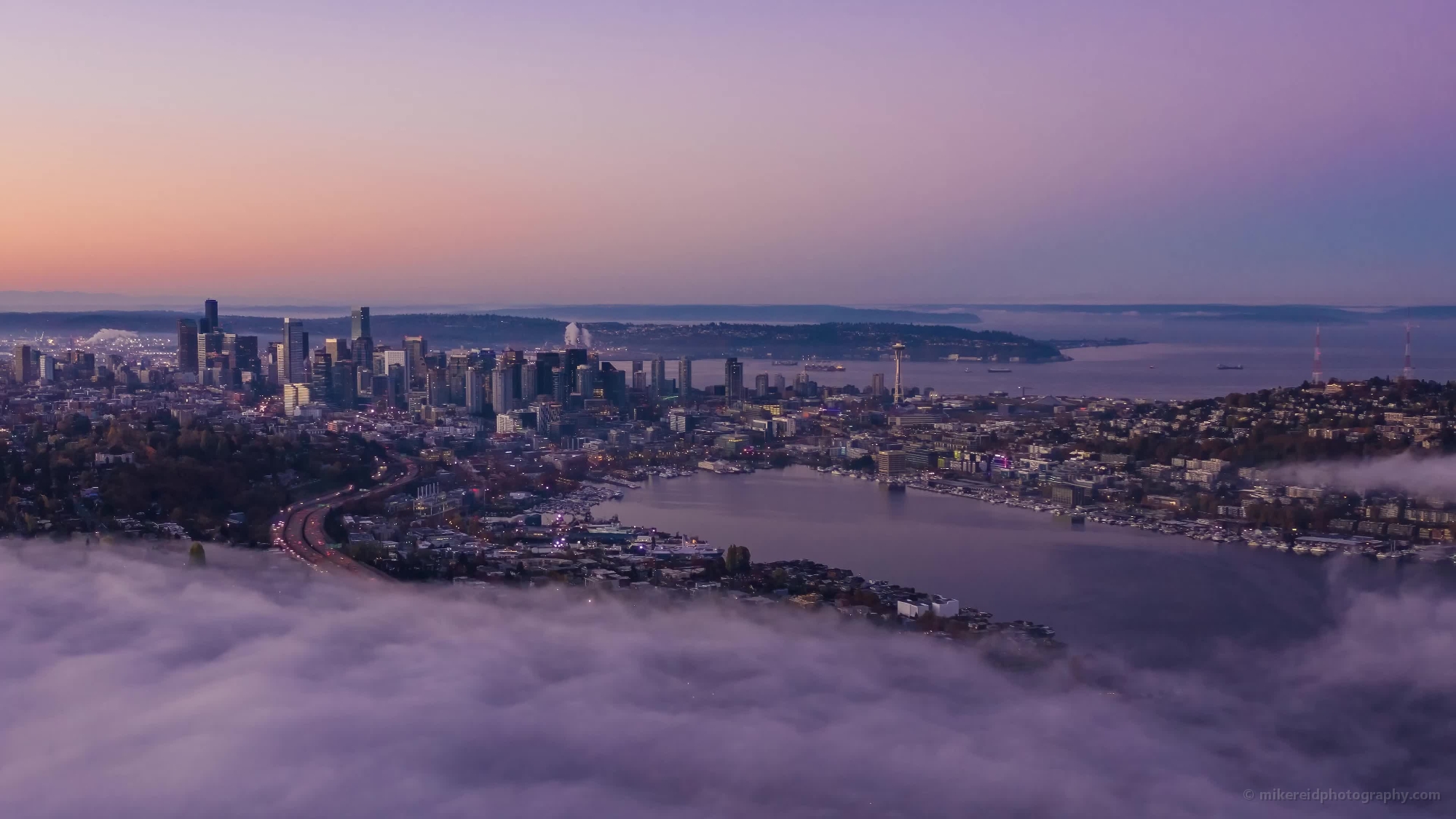 Seattle Aerial Photography Above the Fog at Sunrise Video