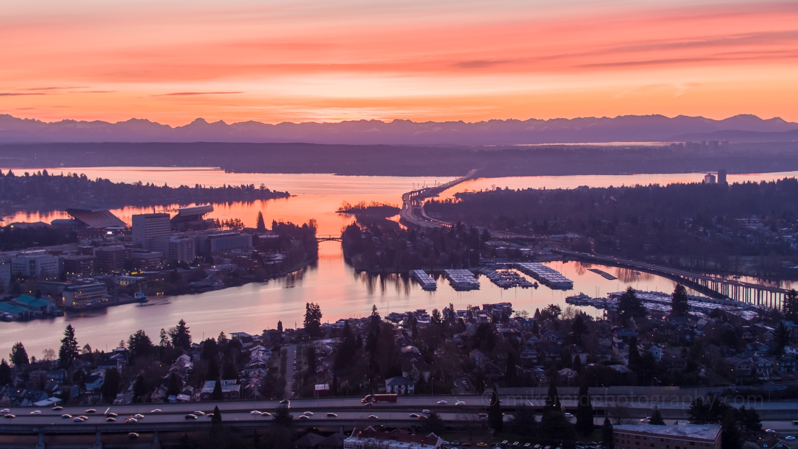 Seattle Aerial Photography Capitol Hill to Bellevue Sunrise