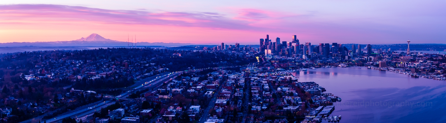 Seattle Aerial Photography City and Mount Rainier Sunrise