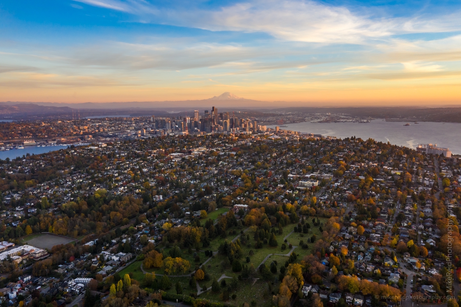 Seattle Aerial Photography City and Queen Anne Hill Fall Colors