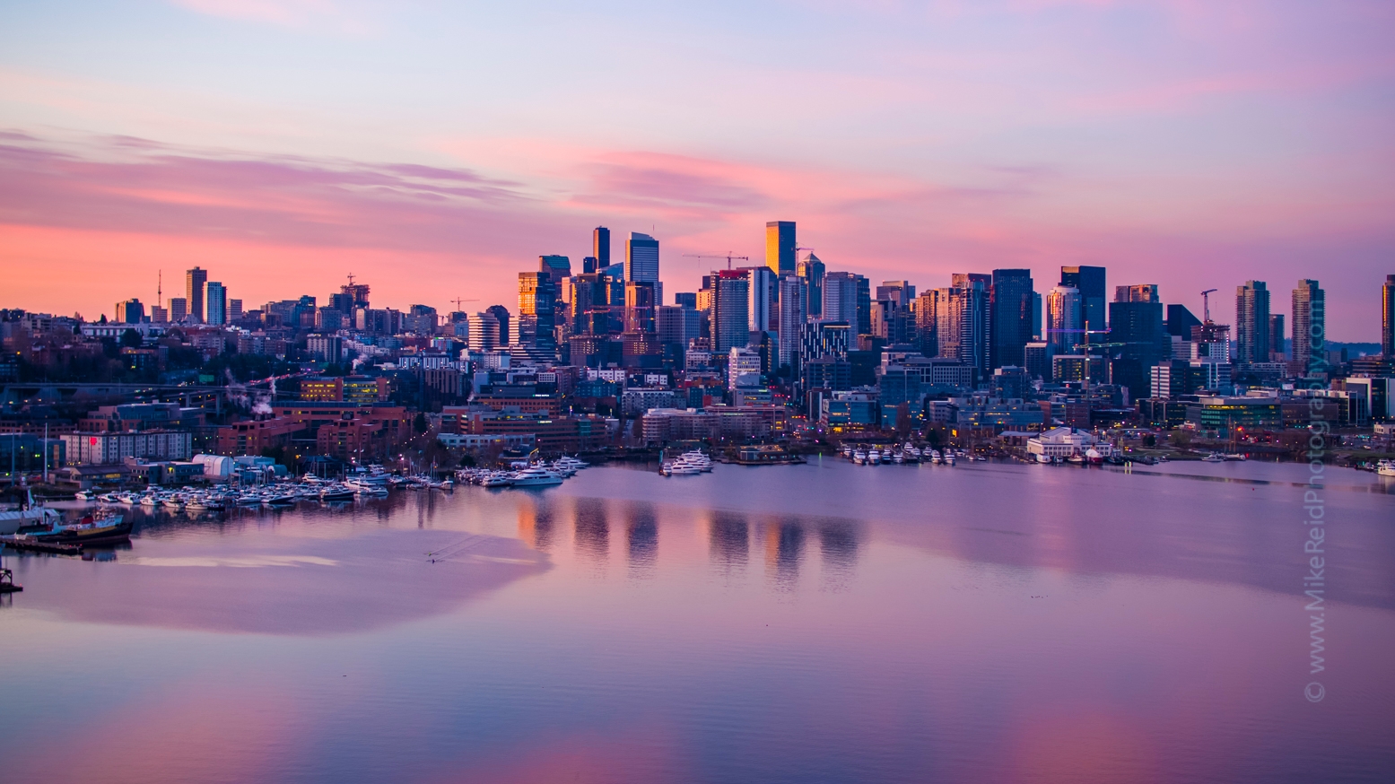 Seattle Aerial Photography Downtown Seattle Reflected in Lake Union Sunrise