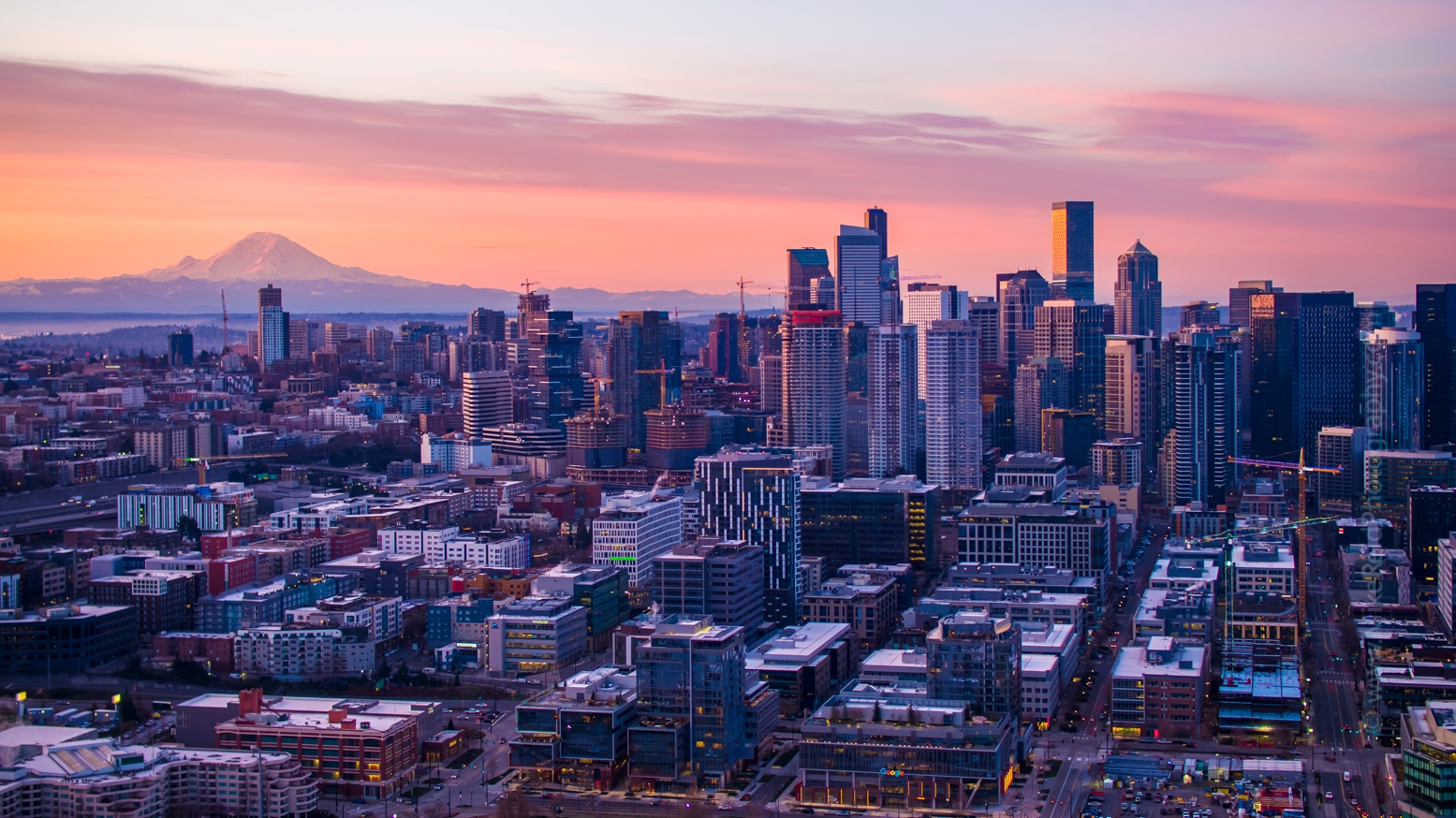 Seattle Aerial Photography Downtown and Rainier.