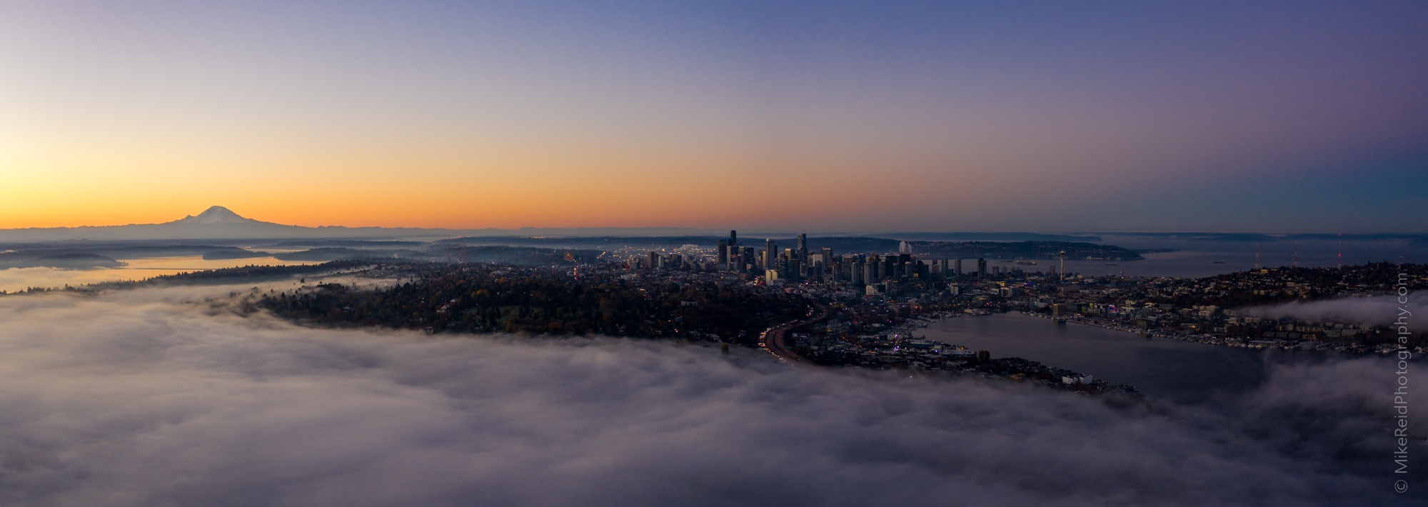 Seattle Aerial Photography Fog City Panorama